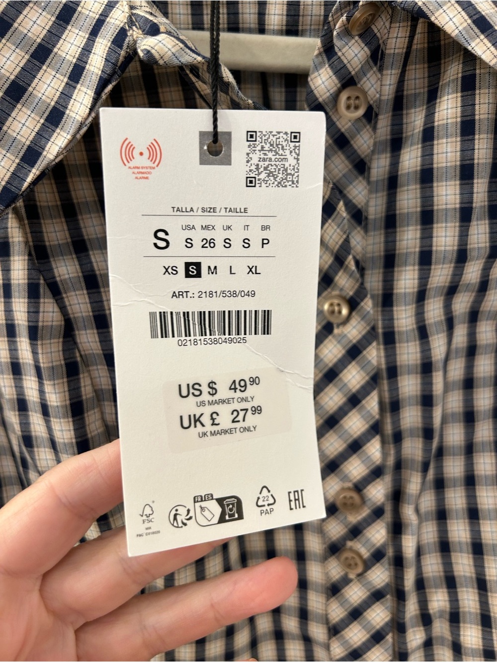 Zara Navy and Cream Checked Shirt - Picture 5 of 5